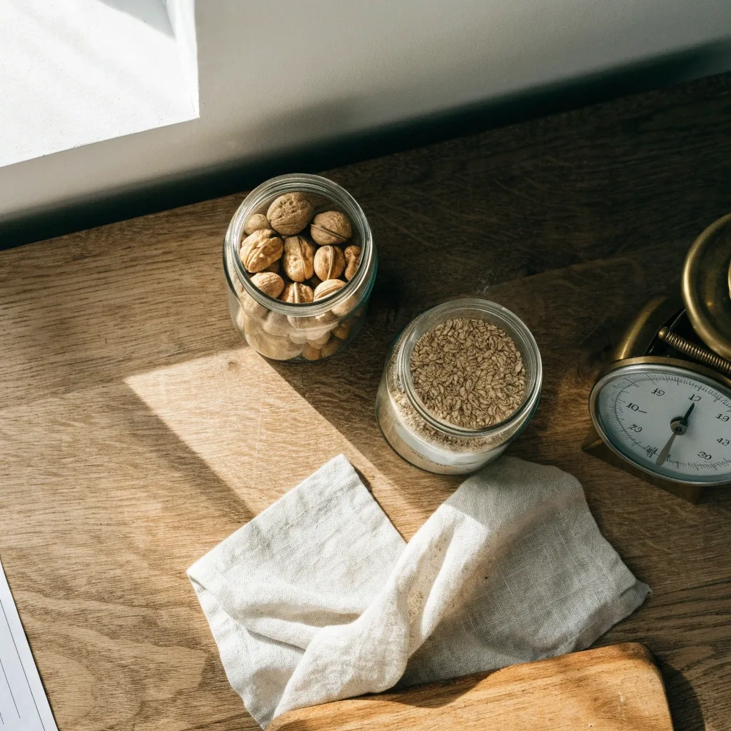 A nutritionist's oak workbench from above with open jars of walnuts and oats, a linen cloth, a brass scale and a page turned away from view