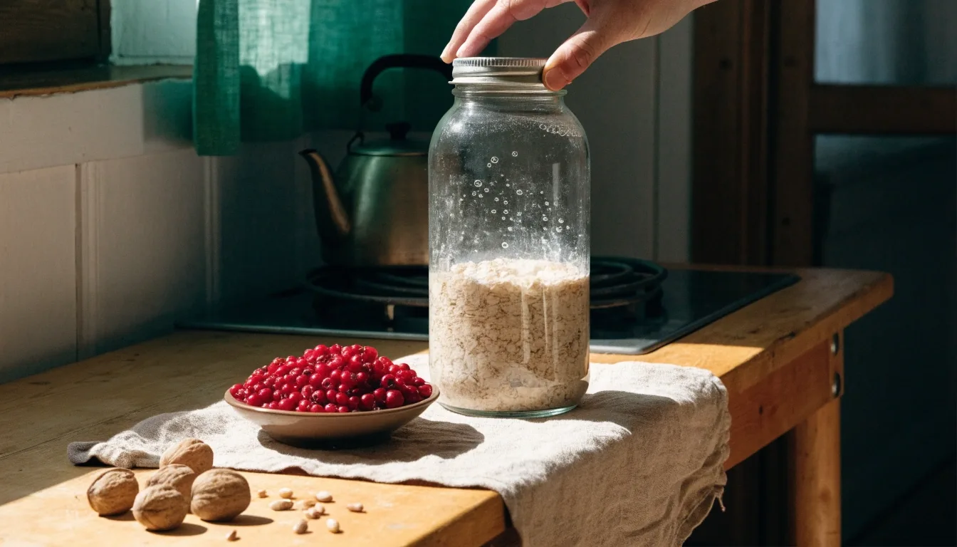 An Estonian morning kitchen table seen from above: berries in enamel, oats and rye in open jars, walnuts and seeds on bare oak, a hand cutting rye bread in low window light.